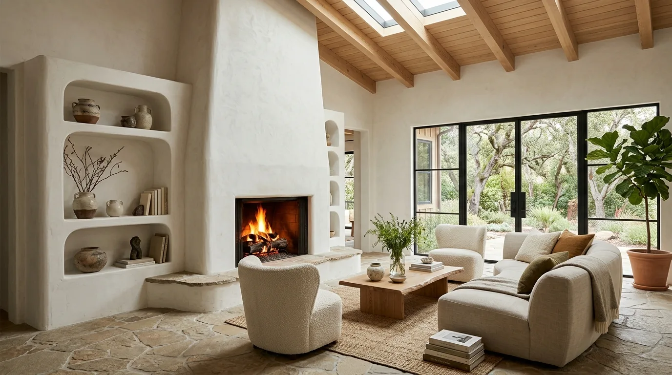 Use lighting to highlight the texture in the evening inspiration for a plaster fireplace feature wall.